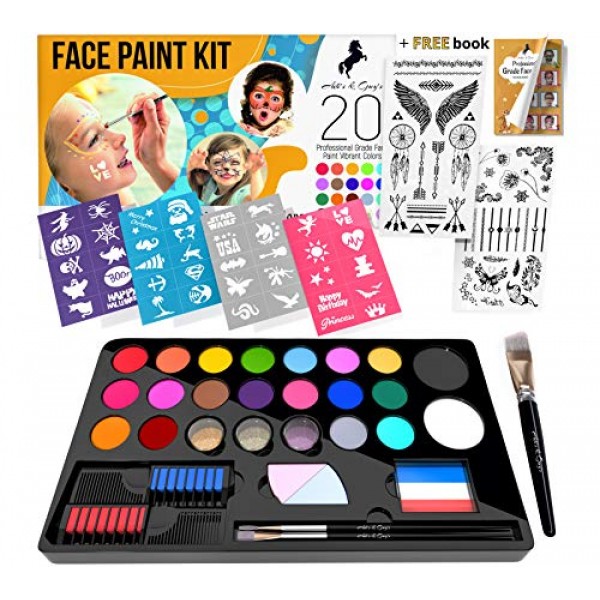 Face Painting Kit For Kids Party - 20 Water Based Non-Toxic  Sensitive Skin Paints 3 Glitters 2 hair chalks combs 3 Paint Brushes 40  Stencils for kids 2 Tattoos Sheets Facepaint