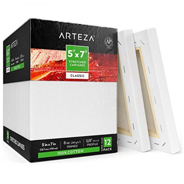 Arteza Stretched Canvas, Pack of 12, 6 x 6 Inches, Square White Canvases, 100% C