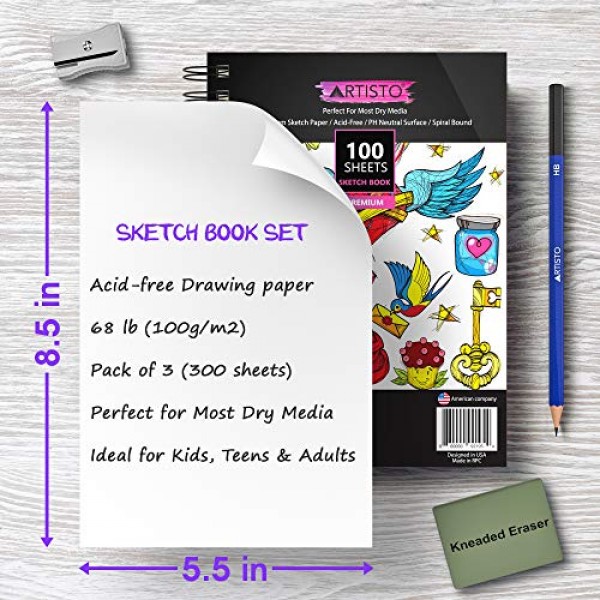 Artisto 5.5X8.5 Premium Sketch Book Set, Pack of 3 (300 Sheets), 84lb  (125g/m2), Spiral Bound, Acid-Free Drawing Paper, Perfect for Most Dry  Media, Ideal for Kids, Teens & Adults.