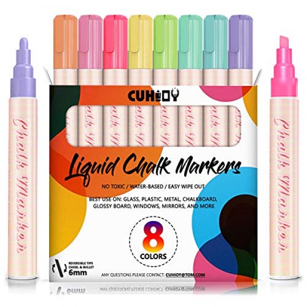 CUHIOY Chalk Markers for Blackboard, Pastel Chalk Pens for Chalkboard,  Erasable Chalk Markers for Blackboard Sign, Car Windows, Bistro Boards,  Glass, Mirror-6mm Reversible Bullet & Chisel Tip : : Office  Products