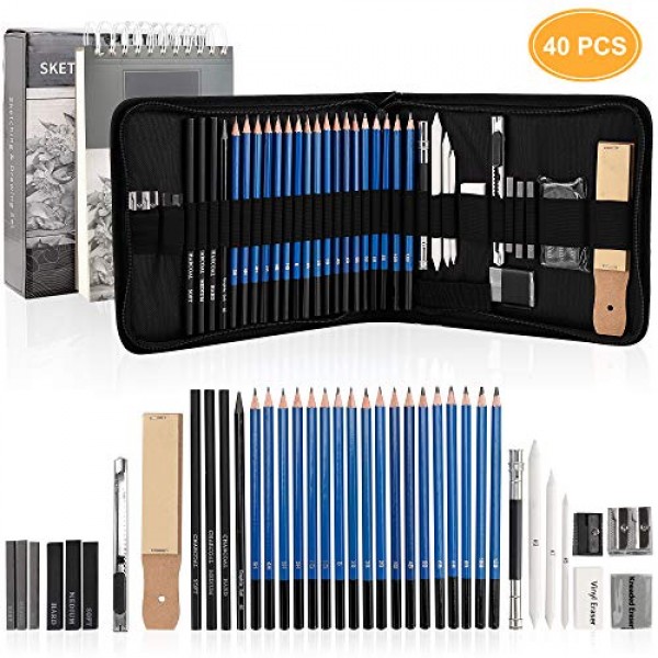 Drawing Pencils Sketch Art Set-40PCS Drawing and Sketch Set Includes 18  Sketching Graphite Pencils,Graphite and Charcoal Pencils,100Pages Sketch  Pad