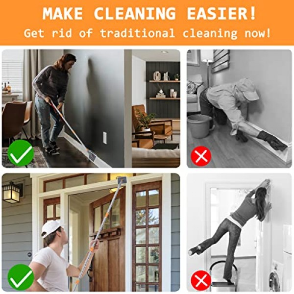 PLOEOUAR Baseboard Cleaner with Long Handle - Convex Design Duster Cleaning  Mop Tool for Baseboard, Door Molding, Windows & Ceiling with 6 Reusable  Microfiber Mop Pads