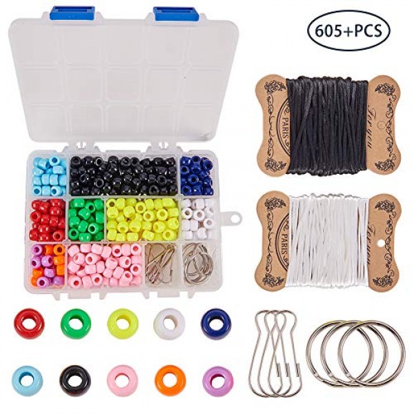 SUNNYCLUE 1 Box DIY 8 Pairs 620pcs Bead Pets Kit 8mm Large Pony Beads Assortment Box Set with Keyring & Key Clasp, Polyester Cord, Beads Art Crafts