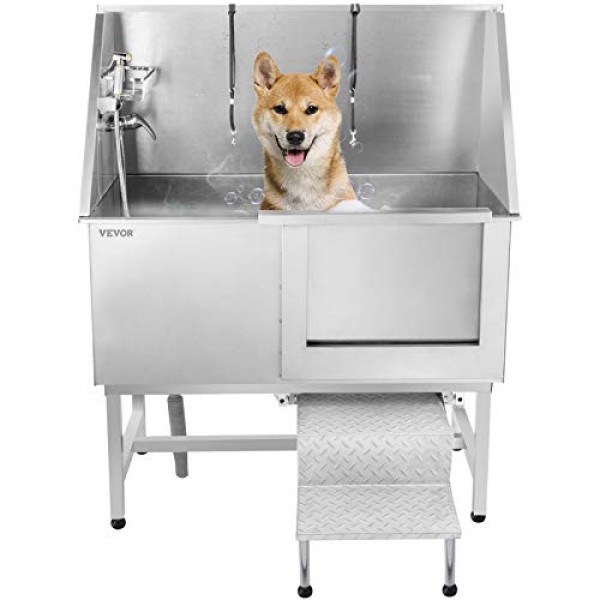 VEVOR 50 inch Dog Grooming Tub Professional Stainless Steel Pet Dog Bath Tub with Steps Faucet & Accessories Dog Washing Station Right Door